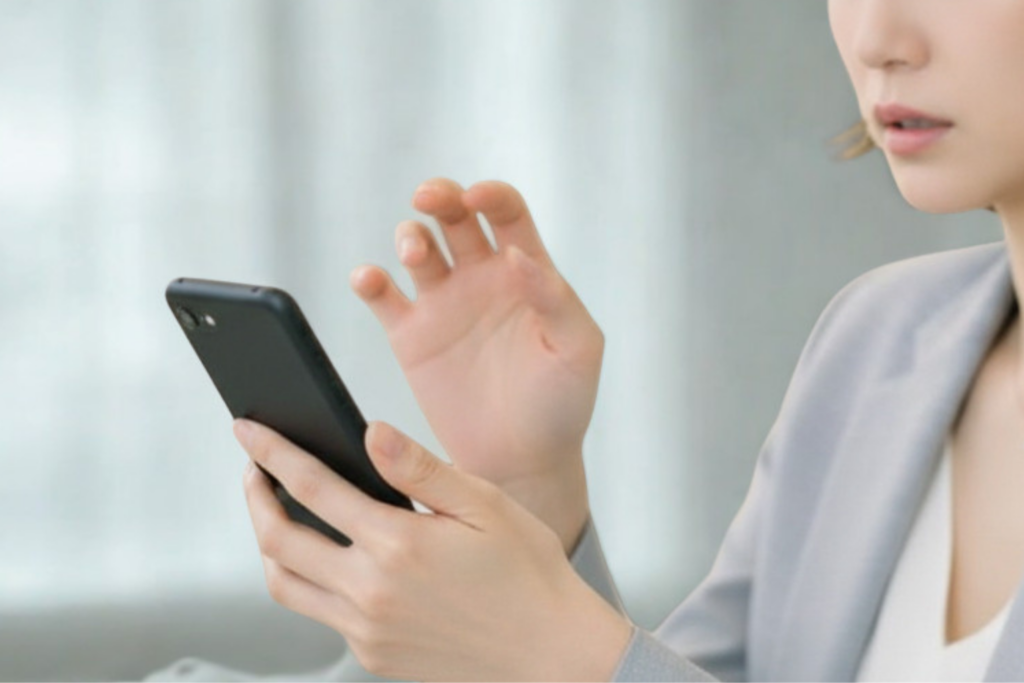 スマホを持って悩む女性